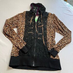 Year Zero London Y2K Leopard Black Lace Jacket Hoodie Zip Up Size Large